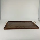 Large antique carved wooden tray with brass handles. Names & 1866 on back. 60 cm