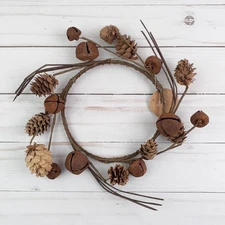 Candle Ring Wreath Pinecone Brown Rusty Bells 6 in Inside Rustic