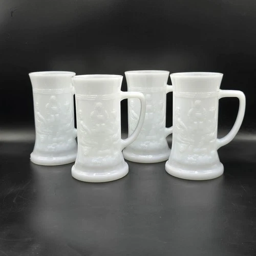 Vintage Federal Glass Milk Glass Beer Steins Tavern Scene 6” USA Set of 4 Mugs