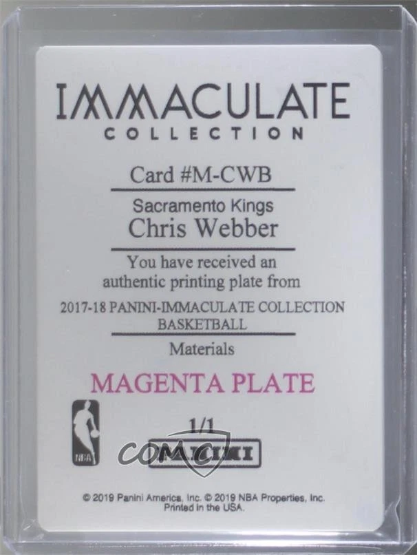 2017 Panini Immaculate Materials Printing Plate Magenta 1/1 Chris Webber HOF 0c3 - Image 2 of 3