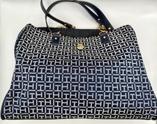 Tommy Hilfiger Navy Logo Jacquard Tote Bag Gold Hardware Shoulder Purse Classic
