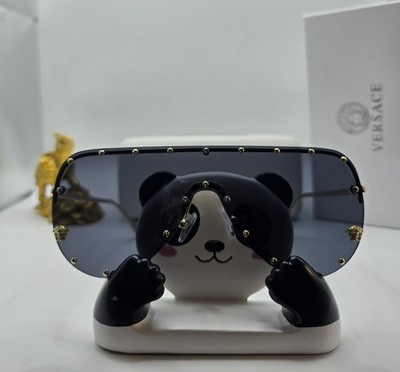 Versace Women s Shield Sunglasses Black Metal Frame Gray Tinted Gold Stud