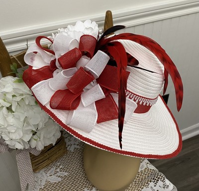 Wide Brim Church Kentucky Derby Dress Hat Red Silver Glitter Butterflies Train Red wide brim church - Gem main image 3