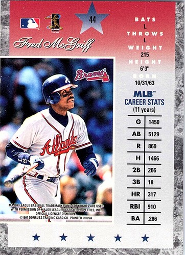 Fred McGriff 1997 Donruss Elite #44 Atlanta Braves - Picture 2 of 2