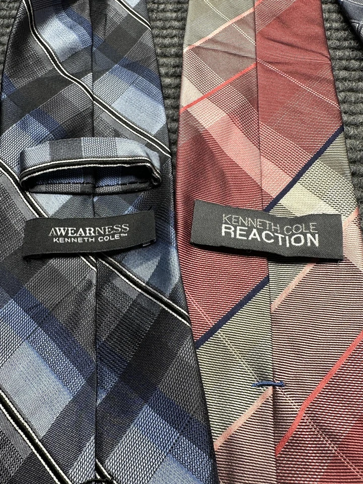 Lote de 3 gravatas masculinas Kenneth Cole azul cinza rosa xadrez reação longa seda - Imagem 4 de 4