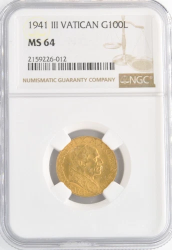1941/III Vatican City Pope Pius XII .900 Fine Gold 100 Lire Coin NGC Graded MS64