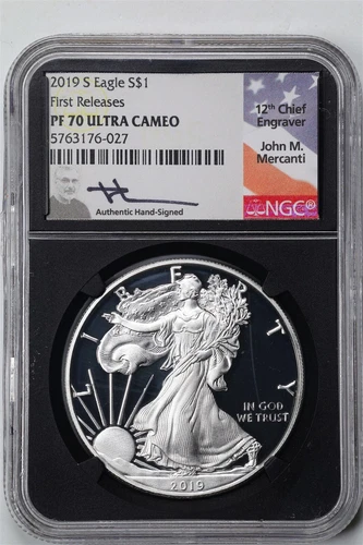 2019-S 1oz Proof Silver American Eagle PF70UCAM NGC 5763176-027 Mercanti Signed