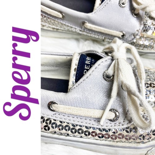 SPERRY TOPSIDER Bahama Silver Sequin Boat Shoe, Size 7 - Picture 6 of 12