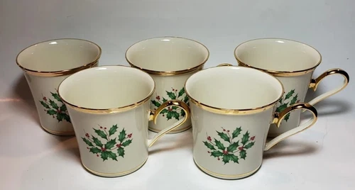 5 pc Lenox Holly Berry Gold Trim Coffee Cup Mug 3.5 in 8oz Preowned Replacement 