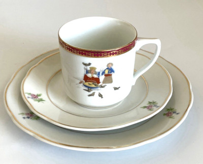 Old World Themed 3 Piece Childs Dining Tableware Set Cup, Saucer, & Plate