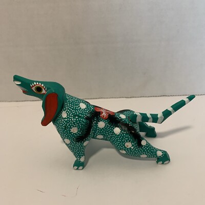 Signed Dog Candido Ortega Multi Color Wood Carving  Mexico