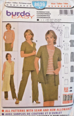 Burda Sewing Pattern 8639 Misses Top Pants Skirt Vest Jacket Sizes 10-24 UNCUT