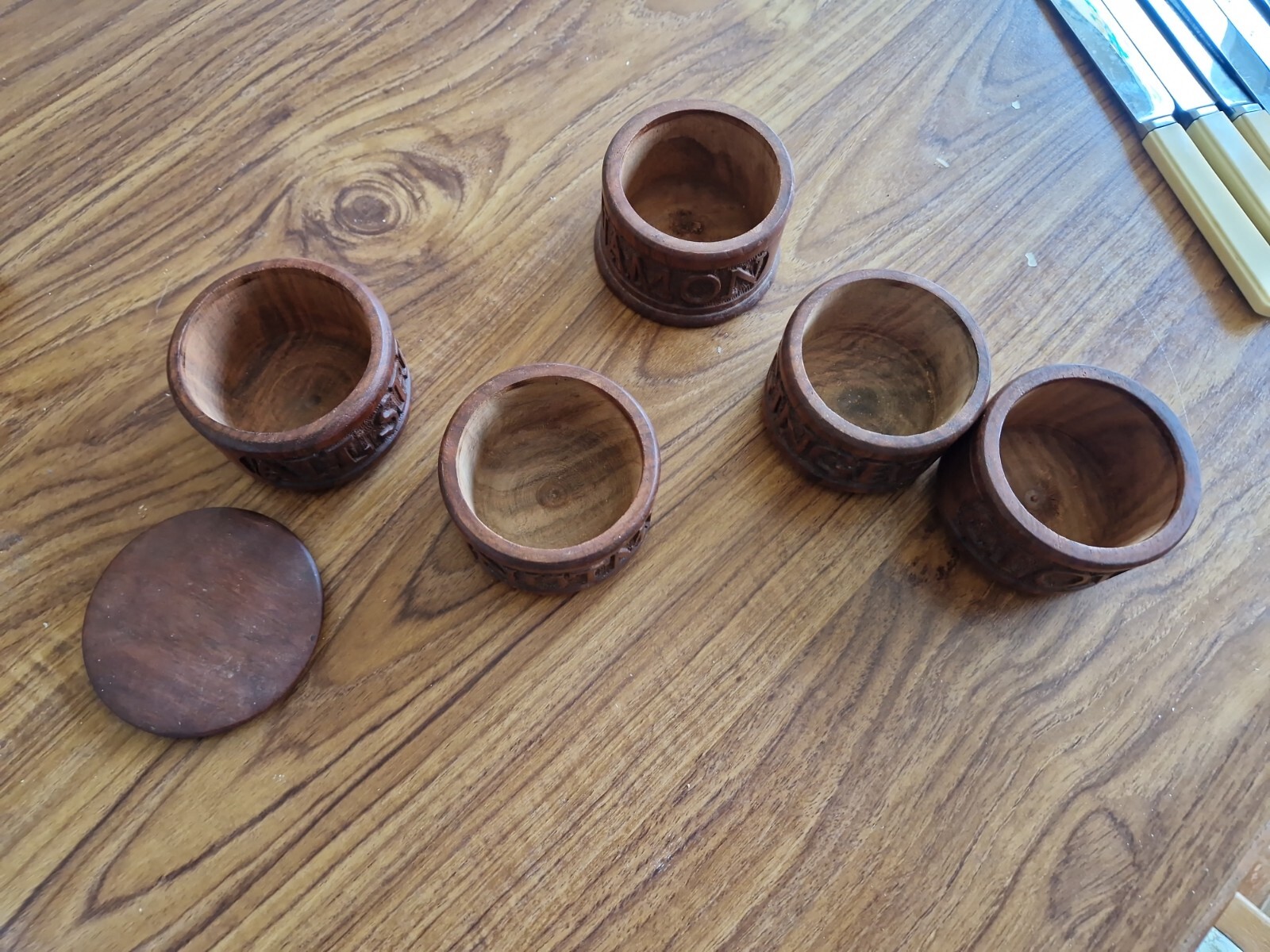 A vintage treen spice tower, allspice, cloves, nutmeg, ginger and