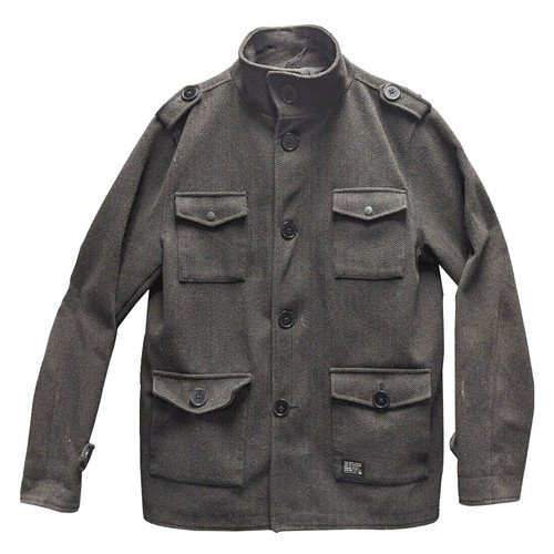 KR3W MILITARY PEA COAT MENS FOUR POCKETS FULL ZIP BUTTON CLOSURE GRAY L