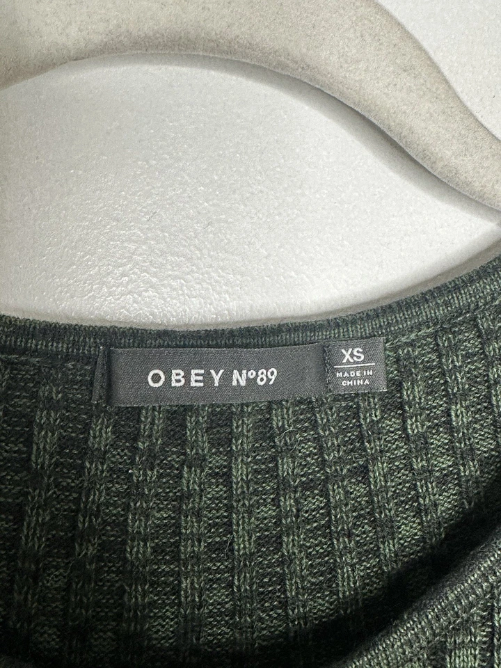Obey Dress Womens Green Ribbed Hanna Sweater Long Sleeve Mini Bodycon Sz XS — 第 3/4 张图片