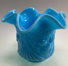 L.G. Wright Cherries Blue Slag Ruffled Rim Glass Open Sugar Bowl
