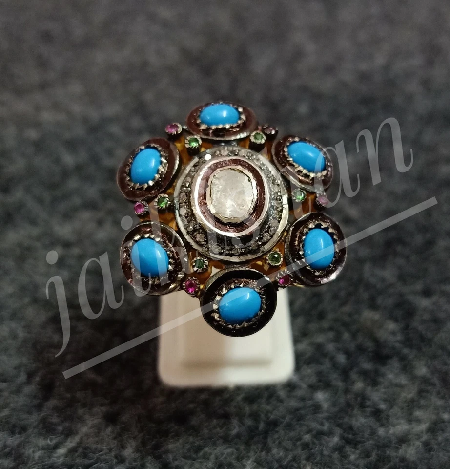 Türkis Rubin Smaragd Edelstein Oxid 925 Sterlingsilber Handmade Ring Schmuck - Bild 4 von 4