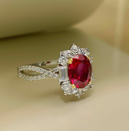 3Ct Oval Cut Lab Created Red Ruby Halo Engagement Ring In 14K White Gold Plated - Picture 3 of 8