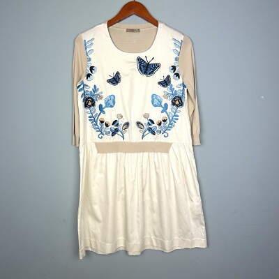 Gizia Casual EY303 Embroidered 3/4 Sleeve Knit Dress Size 38 Beige