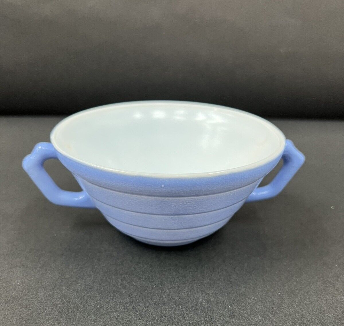 Vintage Hazel Atlas Moderntone Platonite Blue Pastel Two-Handle Soup Bowl