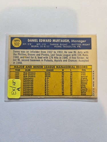 1970 TOPPS DANNY MURTAUGH #532A EXMT COMBINE SHIPPING - Picture 2 of 2