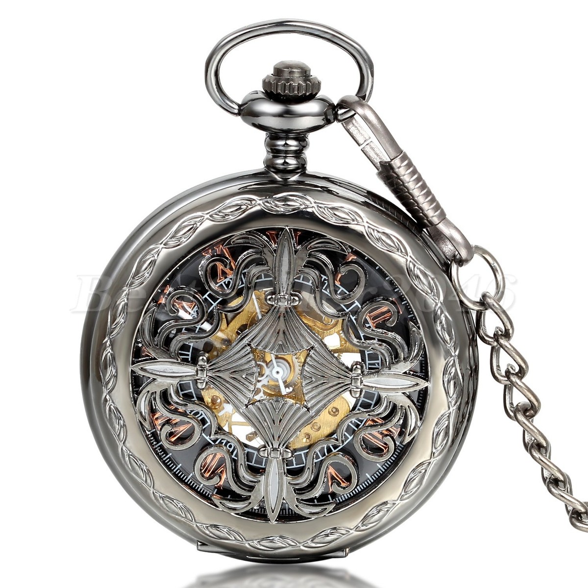 Mechanical Hand Wind Pocket Watch with Chain, Skeleton Floral Design Floral Steel Quartz Mechanical Pocket Watch with Fob Chain  main image 3