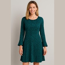 Michael Kors Teal Black Floral Knit Long Bell Sleeve Classic Sheath Dress XS