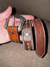 Nocona Calf Hair Studded Rhinestone Floral Buckle Leather Belt Women  s Size 22