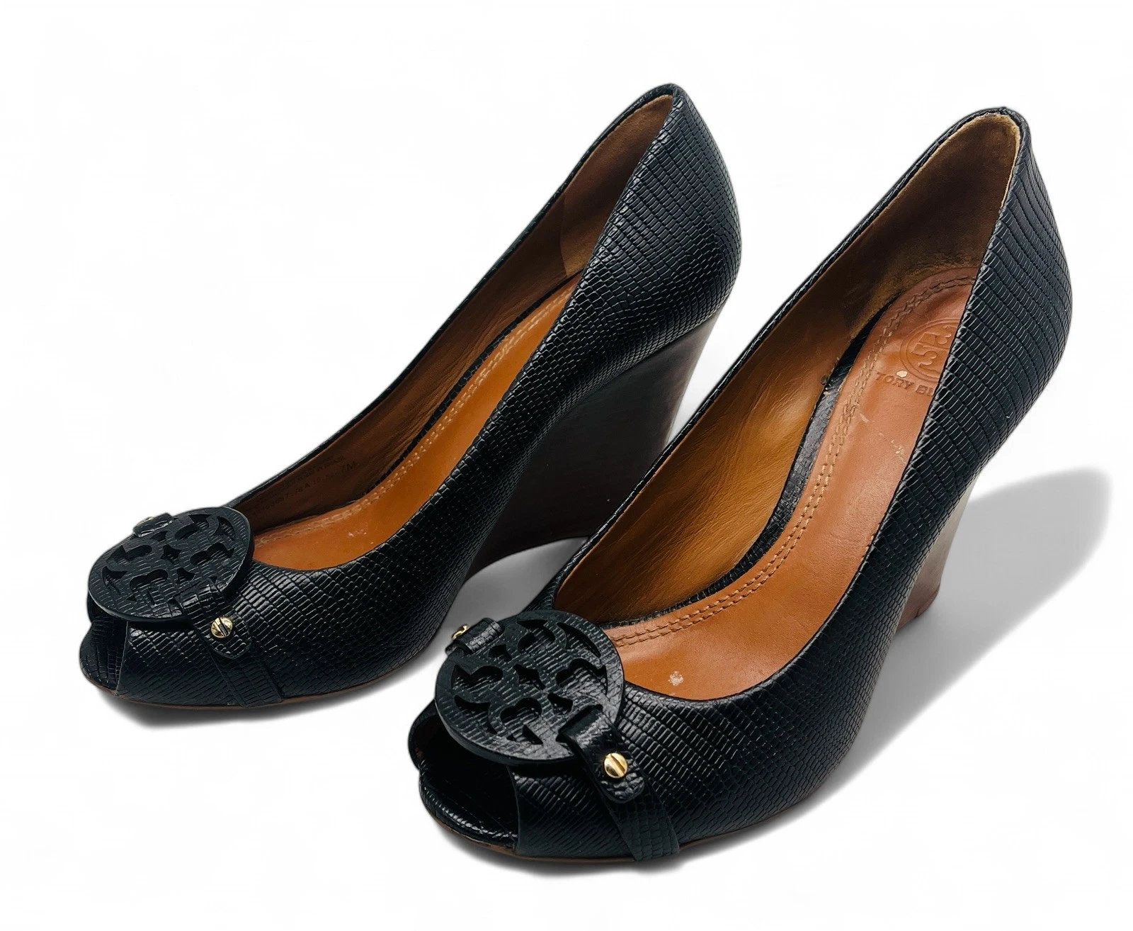 Scarpe décolleté Tory Burch Sally Peep Toe donna 7M nere pelle ciottolata tacco zeppa