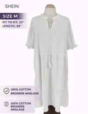 White Broderie Anglaise Midi Dress Boho Summer Cotton Size M Loose