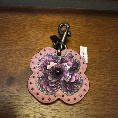COACH Leather Sequin Applique Tea Rose Bag Charm in pink purple silver NWT - Picture 8 of 8