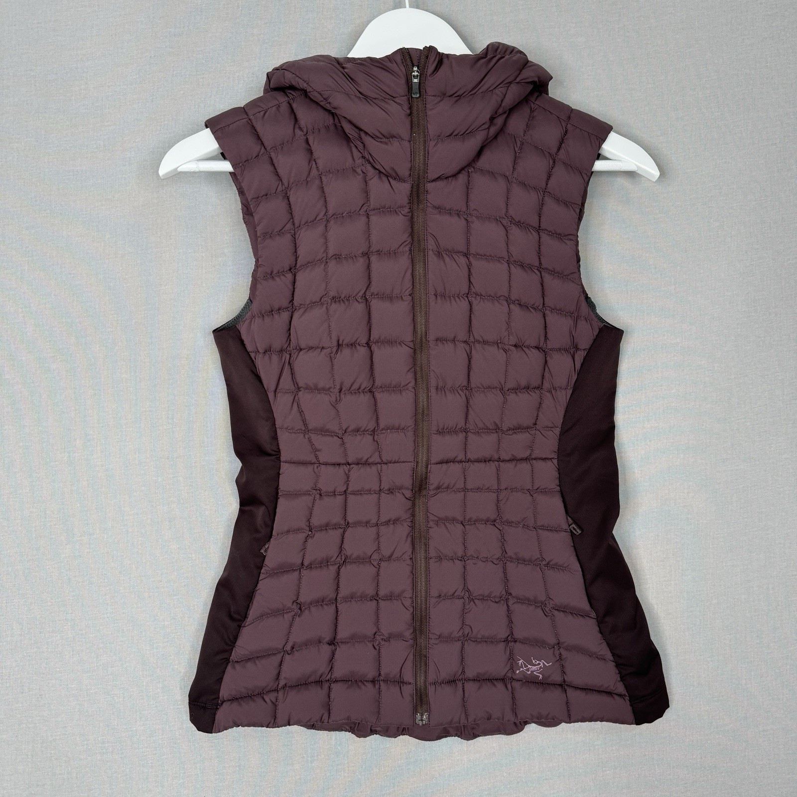 Arc'teryx giacca donna XS viola grigio piumino d'oca narin gilet imbottito con cappuccio