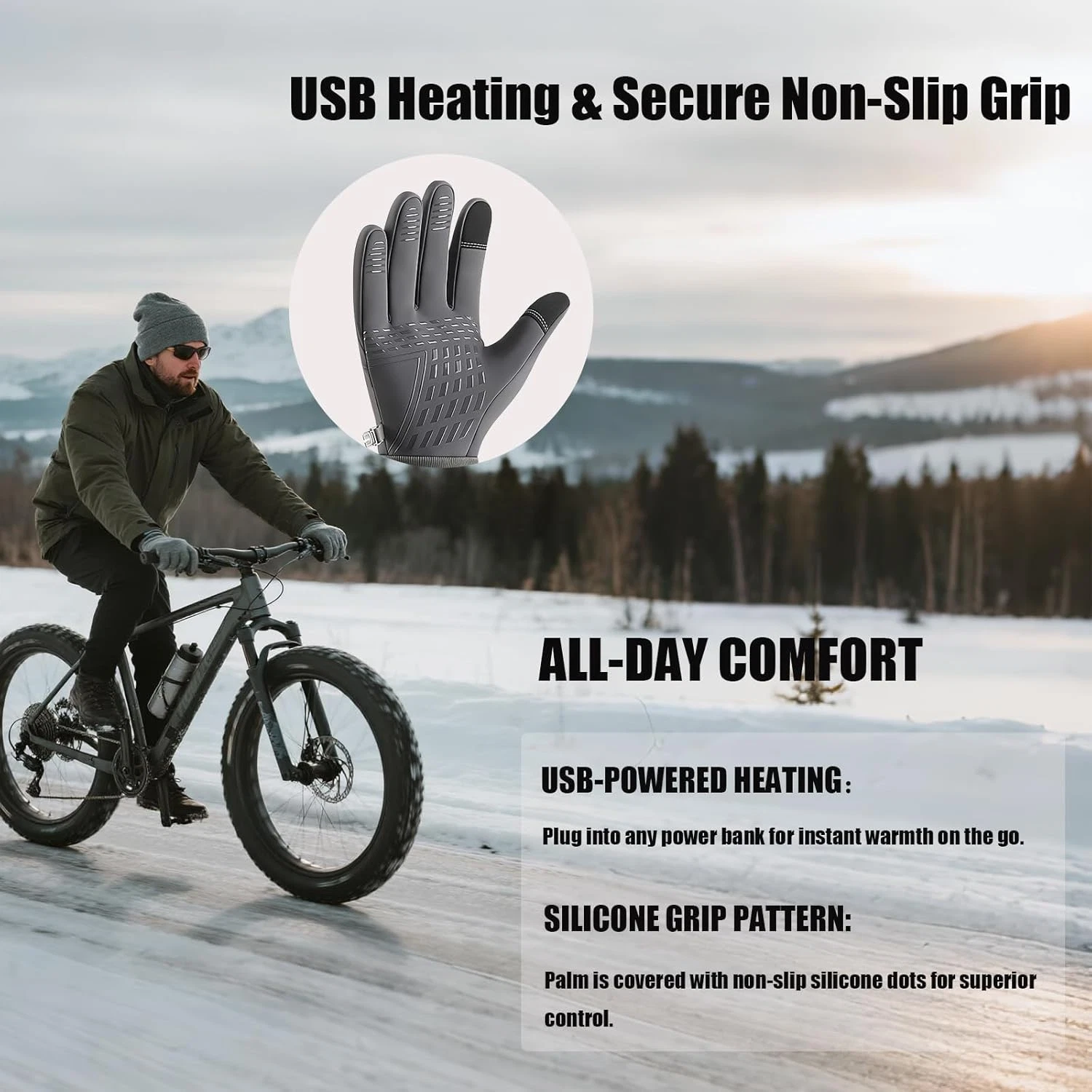 USB Heated Gloves Men Women Waterproof Touchscreen Winter Sports Gloves Skiing