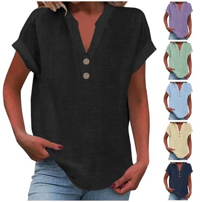 Women Cotton Linen Blouse V Neck Short Sleeve Loose Fit Casual Summer Top