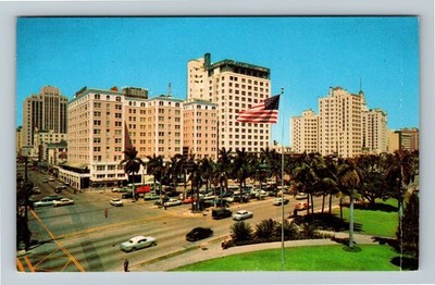 Miami, FL-Florida, Biscayne Blvd. & Flagler Street, Flag Vintage Postcard