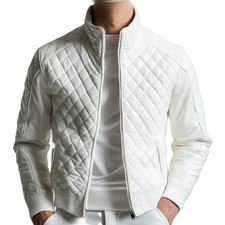 Men's Real Lambskin Leather White Flight Bomber Jacket Quilted Style Biker Coat