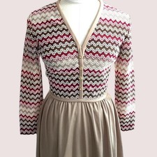 Vintage 70s Shirtwaist Maxi Dress: Burgundy Tan Polyester Knit