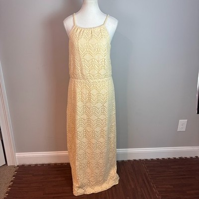 sharagano womens pale yellow crochet lined sleeveless maxi dress sz 14 wedding