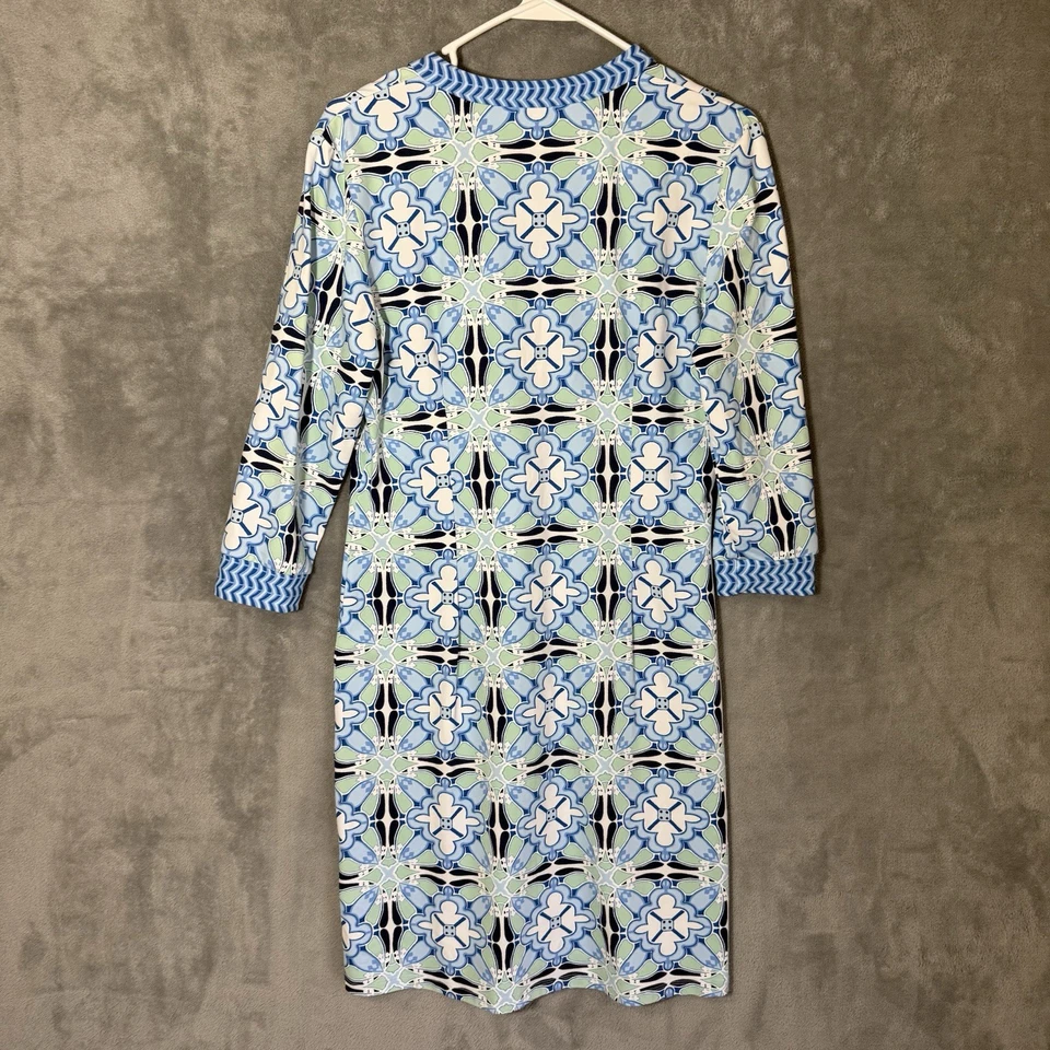 Vestido J. McLaughlin Gisel Azul Blanco Geométrico M Vela Catalina Tela Mangas 3/4 Foto 4 de 4