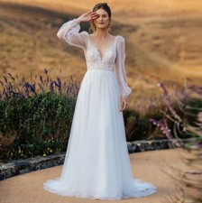Stylish Backless Wedding Dresses Chapel Train Tulle A-Line V-Neck Lace Appliques
