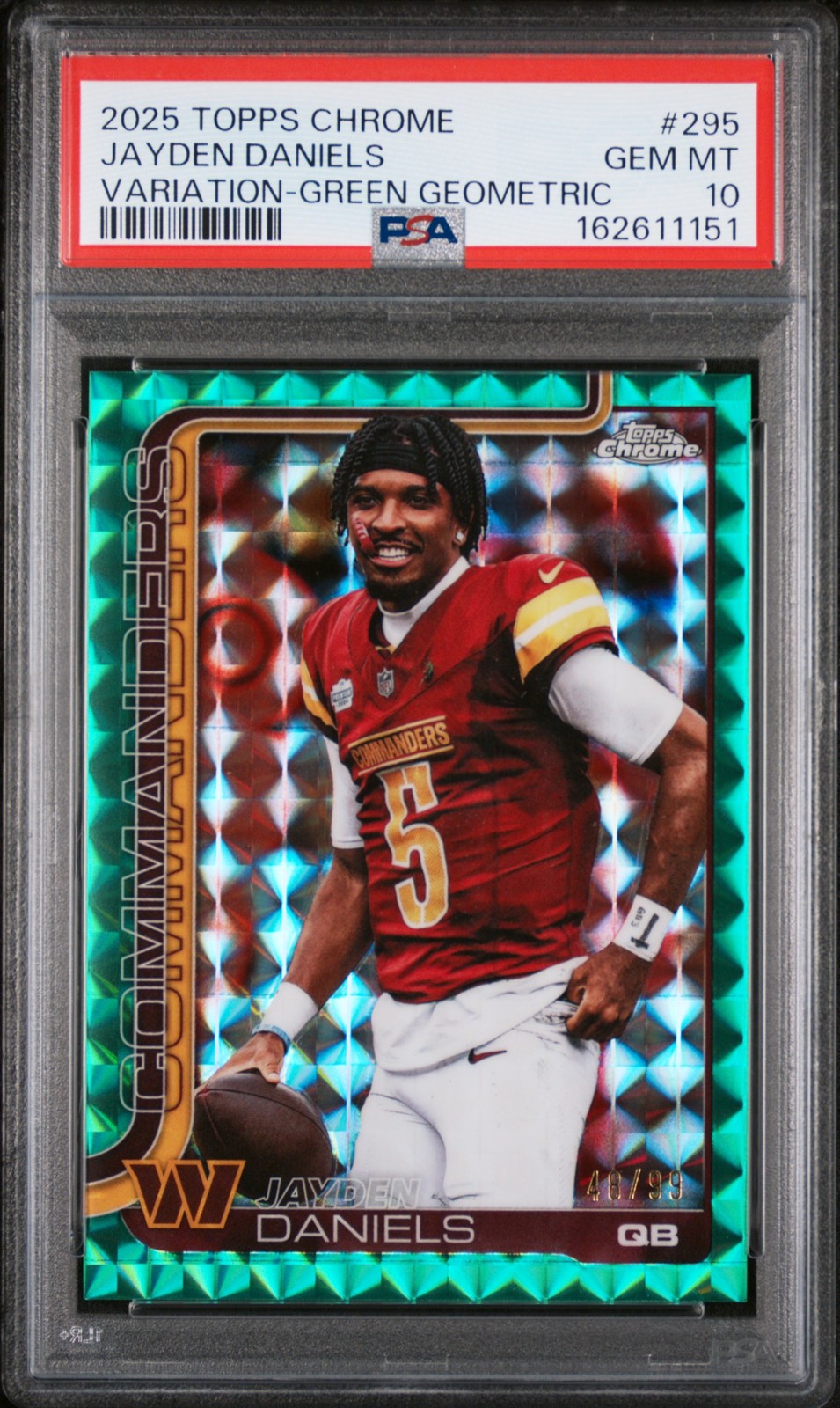 2025 TOPPS CHROME VARIATION-GREEN GEOMETRIC #295 JAYDEN DANIELS 48/99 PSA 10