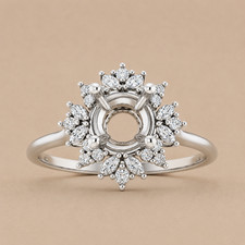 14K White Gold Starburst Halo Semi Mount Ring Setting 7mm Round Cut Lab Diamond