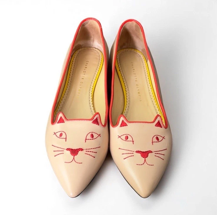 Charlotte Olympia Kitty Cat Loafers Flats Nude Leather Red Trim Yellow Heel 39.5 - Image 2 of 4