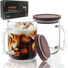 Glass Coffee Mugs Cups with Acacia Wood Lid 20 oz, Glass Mug Set of 2, Large ...