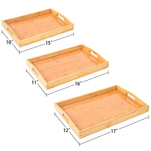 3 Pack Bamboo Serving Trays with Handles, Rectangular Kitchen Food Tray for - Picture 5 of 7