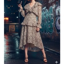 ASOS Tiered Midi Dress Size 8 Cream Leopard Puff Maximalist Whimsigoth Coquette