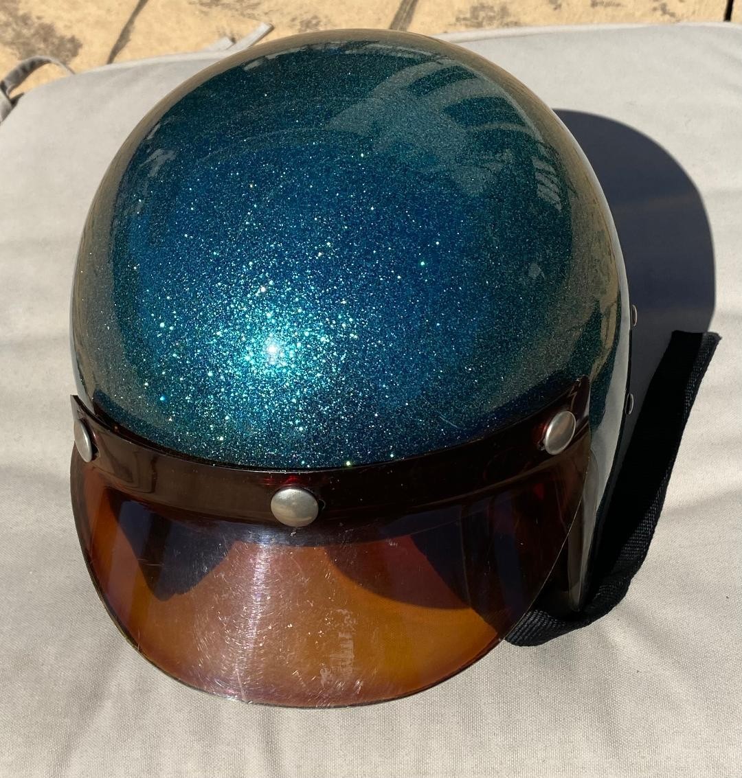 VINTAGE 1968 BLUE METAL FLAKE ?SHOEI? MOTORCYCLE HELMET W/YELLOW