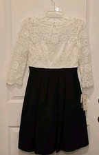 Eliza J Ivory Black Floral Lace 3/4 Sleeve Fit & Flare Short Dress Size 2