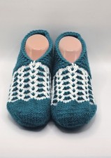 Handmade Teal  White Knitted Slipper Socks Cozy Handcrafted Adult Footwear