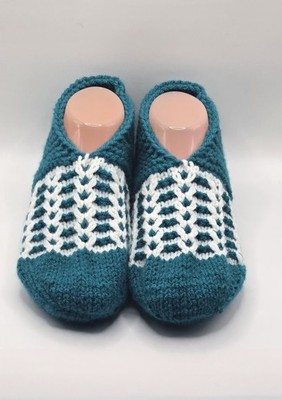 Handmade Teal & White Knitted Slipper Socks Cozy Handcrafted Adult Footwear